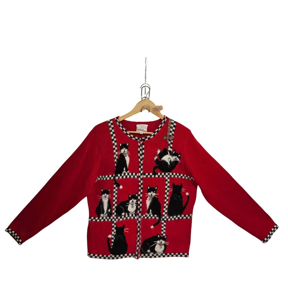 Vintage Susan Bristol Red Tuxedo Cat Hand Embroidered Button Cardigan Sweater XL